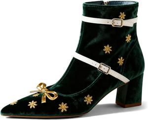 Женские ботильоны XYD с вышивкой ромашки, на блочном каблуке, с двумя ремешками и бантом, зауженные носки, с молнией, повседневные и праздничные туфли, Emerald