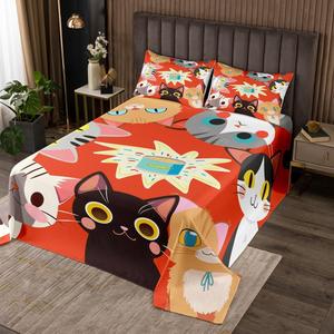 Erosebridal Детский комплект постельного белья с милыми котиками, мультяшный рисунок, декоративный, Red Black Grey