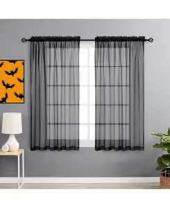 2 шт. шторы на окна из прозрачной вуали с жутким декором на Хэллоуин, черного цвета, с карманами на штанге, длиной 63 дюйма Goodgram, black
