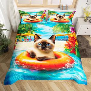 Erosebridal Комплект постельного белья Kawaii Cat с морским принтом из пальмовых листьев для взрослых и подростков, Orange Blue