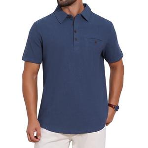 Мужская льняная поло с нагрудным карманом, короткий рукав, casual гавайская пляжная рубашка Inspire Chic, Dark Blue