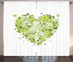 Штора ABAKUHAUS Green Flower Rustic, День святого Валентина, для спальни, присборенная тесьма с петлями и крючками, 280 x 225 см, цвет: светло-зеленый, белый, черный Abakuhaus