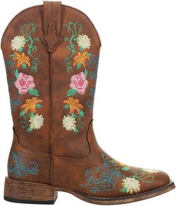 Женские ботинки ROPER Bailey с цветочной вышивкой, квадратный носок, повседневные, средней высоты голенища, низкий каблук 1-2" - коричневые