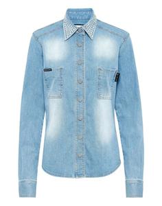 Джиновая рубашка с длинным рукавом и воротником с кристаллами PHILIPP PLEIN, Grisailleturquoise