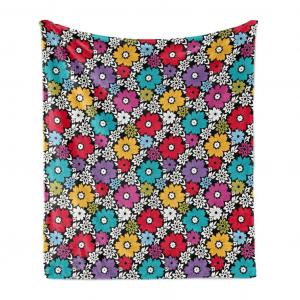 Мягкое фланелевое флисовое одеяло ABAKUHAUS Flowers, декоративные яркие цветы и цветочные элементы белого цвета, 175 x 230 см, кока-серый и разноцветный