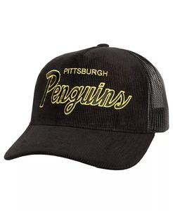 Мужская черная кепка Pittsburgh Penguins Times Up Classic Script Cord Trucker Adjustable Mitchell & Ness