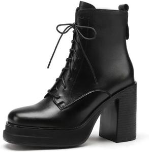 Arts fu fu Женские ботильоны выше щиколотки водонепроницаемые удобные модные с шнуровкой, круглым носком, массивным каблуком черного цвета
