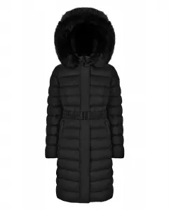 Женский длинный пуховик с поясом и съемным мехом Geox, черный