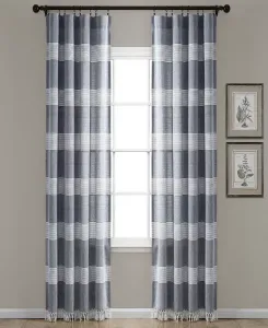 Шторы на окна из хлопчатобумажной пряжи с узором «Такер» в полоску, с завязанными кисточками и пышным декором Lush Décor, navy