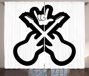 Штора ABAKUHAUS "Рок-музыка в деревенском стиле", с изображением гитары, универсальная, для гостиной, с петлями и крючками, 280 x 225 см, цвет "белый-черный" Abakuhaus