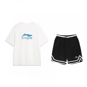 LiNing Повседневная спортивная одежда унисекс, set (айвори short-sleeved shirt+черный competition shorts)