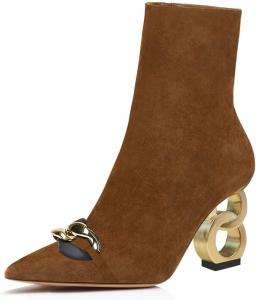 Женские ботильоны FSJ на щиколотку, закрытый носок, золотая цепочка на каблуке, с боковой молнией, элегантные ботинки для вечеринки и повседневной носки, размеры 4-16 US, Brown