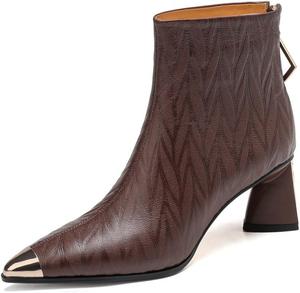 Женские ботильоны TinaCus с тиснением, из натуральной кожи, с закрытым носком, ручной работы, средним каблуком и задней застежкой-молнией, Brown