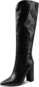 Женские сапоги CYNLLIO до колена с массивным высоким каблуком и заостренным носком, модные сапоги с широкой голенью, средней длины, для вечеринок, платья и езды, 3Black