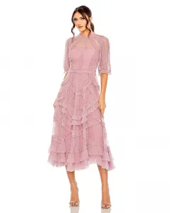 Женское платье с высоким воротником, пышными рукавами и ярусами из рюш Mac Duggal, розовый