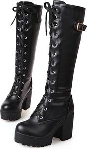 Женские высокие боевые сапоги Hbeylia до колена, модные панк-готические кожаные с кружевами, с круглым носком, на танкетке и массивном каблуке, длинные сапоги до колена в стиле винтаж, для езды на мотоцикле, Black