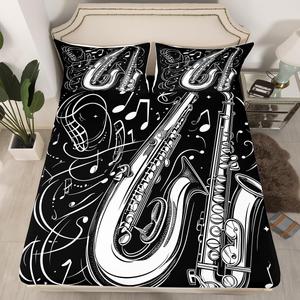 Erosebridal Комплект постельного белья Music с саксофоном и нотами в ретро стиле черного цвета, White Black