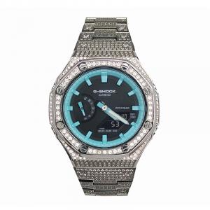 Часы Casio G-Shock Analog-Digital 2100 Series, арт. GA-2100-1A1, 44 мм, серебристый/стразы/черно-голубой