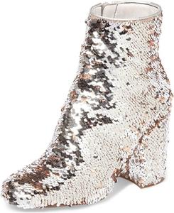 Женские ботильоны XYD с блестками, низким устойчивым каблуком, круглым носком и молнией, Sequins-Rose Gold 2.7"