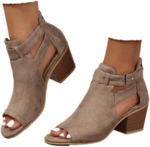 ZJWBB Женские ботильоны с открытым носком, ботильоны до щиколотки с массивным каблуком, босоножки с вырезами и задней молнией, замшевые босоножки с боковым ремешком, вечерние туфли на каблуке