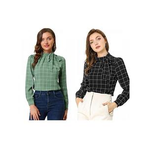 2 упаковки женских блузок с бантом и клетчатым принтом для офиса Inspire Chic, Green Black