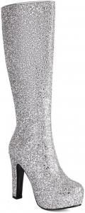 Женские блестящие сапоги со стразами, платформа, заостренный носок, высокие до колена, на молнии, для свадьбы и вечеринок JMdfcqer, Silver