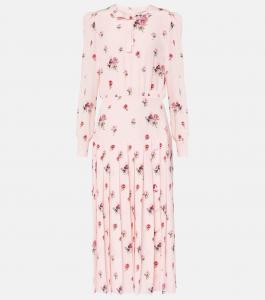 Платье миди из шелка с цветочным принтом и плиссе Alessandra Rich, Pink-Red