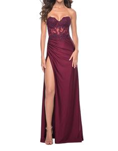 Топ с кружевной аппликацией и стразами для выпускного платье в темно-ягодном цвете La Femme, Dark Berry