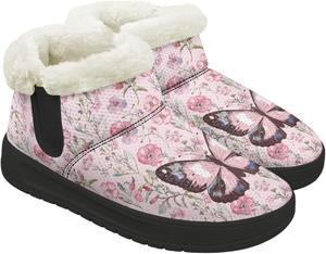 Женские зимние ботинки на снег с круглыми носками, мини-ботинки с меховой подкладкой, на липучке, противоскользящие, удобные ботильоны для женщин, размер 4.5-12 Chririnla, Pink Butterfly Floral