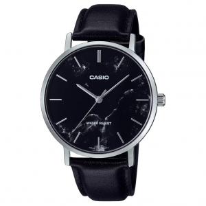 CASIO Мужские часы с кварцевым механизмом и кожаным ремешком, черный циферблат