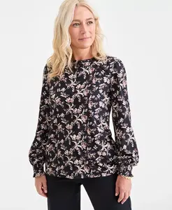 Женский трикотажный топ с принтом и сборкой на манжетах Style & Co, черный