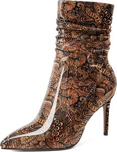 Женские скошенные ботильоны Mettesally с высоким каблуком, заостренным носком, модные стильные с боковой молнией, каблук 3,5 дюйма, ботинки средней высоты, Patent Flower Brown