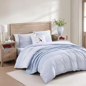 Tommy Hilfiger Комплект постельного белья Full/Queen, современный синий, полосатый дизайн, с наволочками в тон, застежка на пуговицы