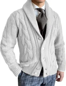 Мужской кардиган с шальным воротником и кабельной вязкой