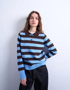 Трикотажное поло Topshop в полоску синего и шоколадного цветов