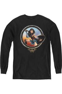 Футболка с длинным рукавом "Чудо-женщина" в боевой позе для молодежи Gildan, черный