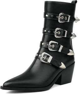 Женские ботинки западного стиля с острым носком, из лакированной кожи, средний каблук, сексуальный панк, радужный ремешок, металлическая пряжка, боковая молния, плюшевая подкладка, нескользящая подошва ZQW, Black