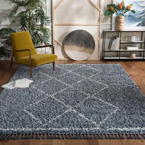 Ковер SAFAVIEH, 275 x 366 см, Pro Luxe Shag Collection, Blue & Creme, Moroccan Boho Tassel, без линьки и простой в уходе, идеален для помещений с высокой проходимостью в гостиной, спальне (PLX435L)