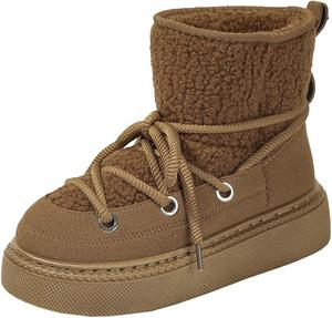 Зимние теплые меховые ботинки для женщин: модные ботильоны на шнуровке с толстой подошвой, противоскользящая обувь для походов и снега Generic, Brown