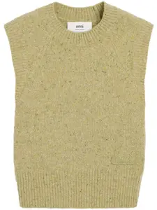 Жилет из смесовой вирджинской шерсти в мелкую точку AMI Paris, зеленый