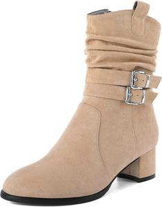 Женские ботинки YODEKS на низком каблуке с массивным каблуком, молнией, 2-дюймовым закругленным носком и пряжкой, замшевые, размер 5-13, Beige