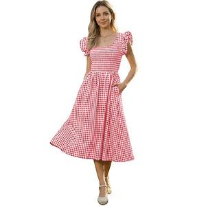 Платье миди в клетку с рюшами и квадратным вырезом Inspire Chic, Red