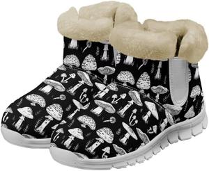 Зимние ботинки Howilath с принтом грибов для женщин, противоскользящие с меховой подкладкой, пушистые снежные сапоги, Black & White Mushrooms