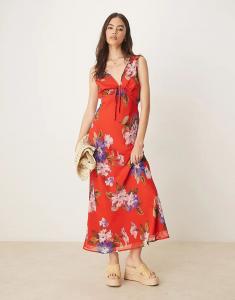 Платье-комбинация миди ASOS DESIGN Tall с V-образным вырезом, завязкой на груди и красным цветочным принтом Asos Tall