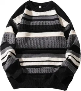 Мужской свитер с круглым вырезом, полосатый, свободного кроя