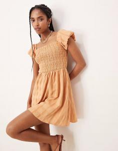 Гламурное мини-платье с квадратным вырезом в светло-абрикосовую клетку Glamorous