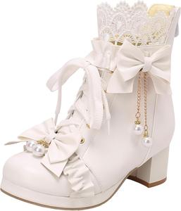 Женские винтажные лолита ботильоны, милые ботинки на массивном каблуке с бантом для чайной вечеринки и косплея XIEPP, White