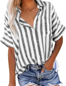 Женская блузка с пуговицами летняя V-образный вырез полосатая свободная хлопок лен с карманами