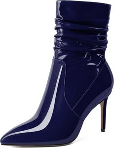 Женские скошенные ботильоны Mettesally с высоким каблуком, заостренным носком, модные стильные с боковой молнией, каблук 3,5 дюйма, ботинки средней высоты, Patent Navy