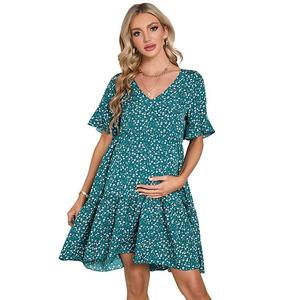 Платье для беременных с цветочным принтом, V-образным вырезом и рукавами с рюшами Seoria, Dark Green